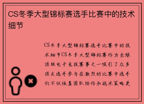 CS冬季大型锦标赛选手比赛中的技术细节 CS冬季大型锦标赛选手比赛中的技术细节